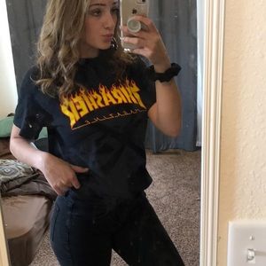 Black, yellow & orange flames thrasher shirt